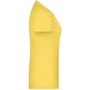 A yellow women's T-shirt displayed from the side, featuring a fitted style and a blank design.