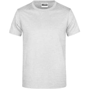 A light grey T-shirt with a round neckline and short sleeves, featuring a logo.
