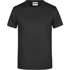 A black T-shirt with short sleeves, featuring a label at the neckline and no visible designs or patterns.
