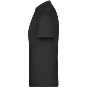 A black T-shirt with short sleeves, displayed from the side. It features a logo on the upper part.