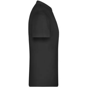 A black T-shirt with short sleeves, displayed from a side view. The shirt features a logo on the front.