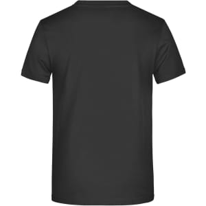 A black t-shirt featuring a plain back and a logo on the neck area.