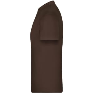 A brown T-shirt displayed from the side view, featuring a plain design and a fitted shape. It includes a logo.