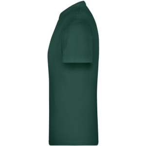 A green T-shirt featuring a simple crew neck design, shown from the side view. It includes a logo.