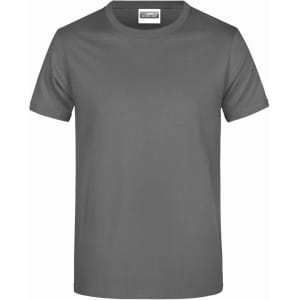 A grey T-shirt featuring a crew neck and short sleeves, with a plain design and a logo on the label.