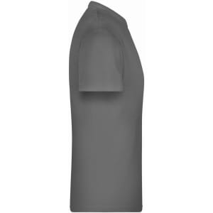 A grey T-shirt viewed from the side. The design features short sleeves and a round neckline. It has a branding logo.