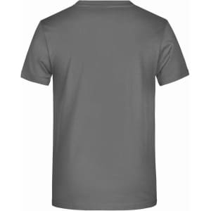 A grey T-shirt viewed from the back, featuring a plain design and a small logo.