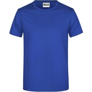 A blue t-shirt with short sleeves and a round neck, featuring a logo on the label.