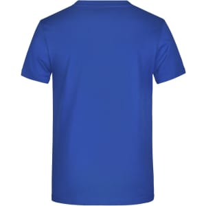A blue T-shirt with a plain back and a fabric texture. It features a logo on the back.