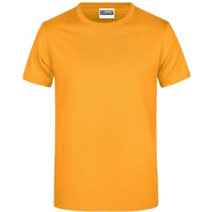 A plain orange T-shirt featuring a round neckline and short sleeves, with a label at the neckline.