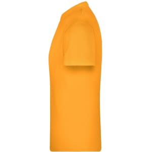 An orange T-shirt displayed from the side, featuring a simple design and short sleeves.