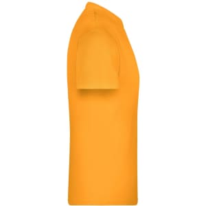 A side view of an orange T-shirt featuring short sleeves and a plain design. It has a logo on the fabric.