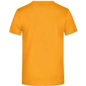 A plain yellow T-shirt featuring a standard crew neck and short sleeves, with a logo on the back.