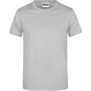 A light grey T-shirt with a round neck and short sleeves. It features a brand logo on the label.