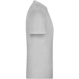A grey t-shirt with a round neck and short sleeves, featuring a logo on the side.