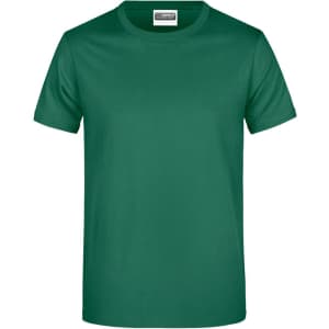 A green T-shirt with a round neckline and short sleeves, featuring a branding logo.