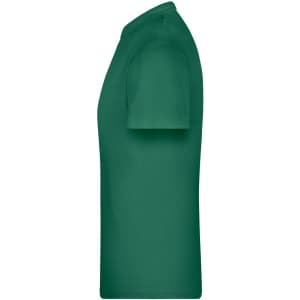 A green T-shirt with short sleeves displayed from the side. It features a logo.