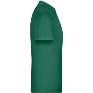 A green T-shirt displayed from the side, featuring a simple design and a logo on the front.