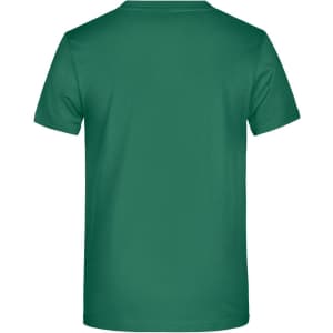 A green T-shirt with a plain back, featuring a logo or branding on the garment.