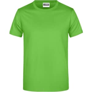 A bright green T-shirt featuring a crew neck design and a label inside. It has a simple, plain style without graphics.