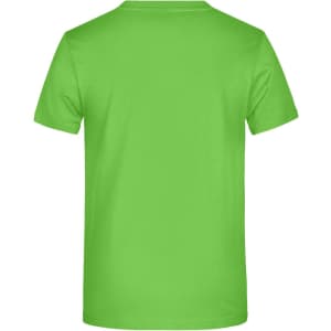 A bright green T-shirt displayed from the back, featuring a blank design and a branding logo.