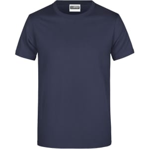 A navy blue T-shirt with short sleeves and a simple design. Features a label at the neckline and a logo.