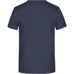 A navy blue T-shirt with a plain design and no visible logos or branding on the back.