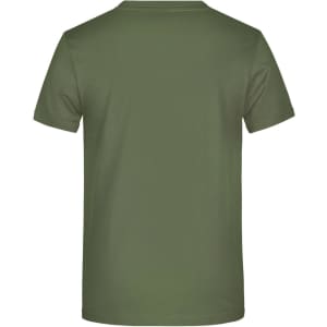 An olive green T-shirt with a plain back, featuring a logo at the neck.