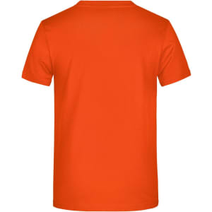 An orange T-shirt featuring a plain design without any visible logos or text, displayed from the back view.