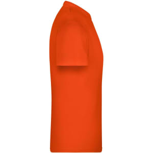 An orange T-shirt displayed from the side, with short sleeves and a simple design. It features a logo.