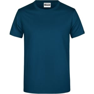 A teal T-shirt with a round neck and short sleeves, featuring a logo on the label.