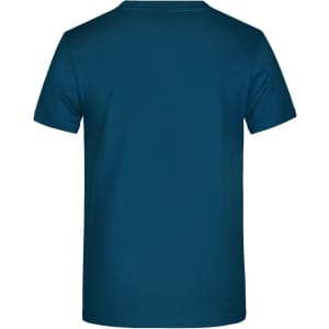 A blue T-shirt featuring a plain back design and a small logo.