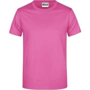 A pink T-shirt featuring a simple design and a label at the neckline, with a standard crew neck cut.