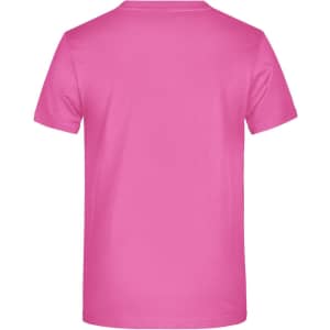 A pink T-shirt with a plain back, featuring a small logo at the neck.