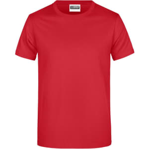 A red T-shirt featuring a crew neck design and short sleeves, with a logo on the label.