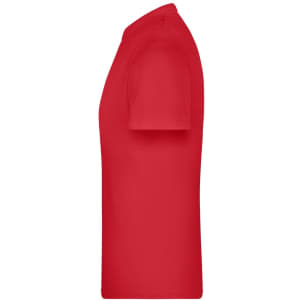 A red T-shirt displayed from the side, featuring a simple design and a logo on the front.