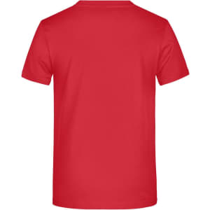 A red T-shirt with a plain back, featuring a logo on the front. Suitable for promotional use.