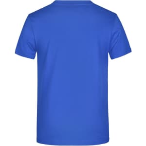 A plain blue T-shirt with short sleeves, featuring a simple design and a logo on the back.