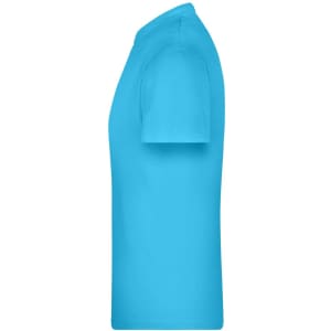 A bright turquoise T-shirt is displayed from the side, featuring a simple design and a logo.