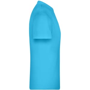 A bright blue T-shirt displayed from the side, featuring a standard crew neck and short sleeves.