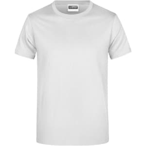 A plain white T-shirt with a crew neck and short sleeves, featuring a brand logo on the label.