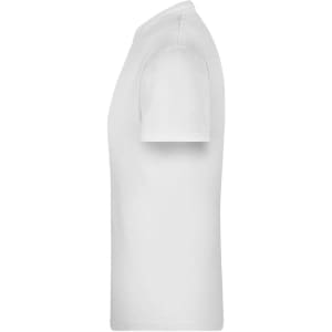 A plain white T-shirt displayed from the side, featuring a standard fit. The shirt includes a logo or branding.
