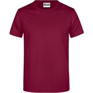 A maroon T-shirt with a round neck and short sleeves, featuring a logo on the label.