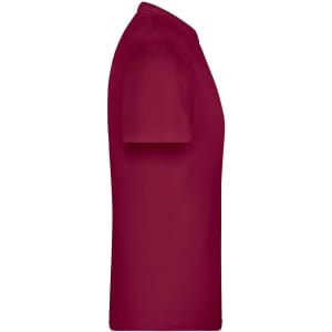 A side view of a maroon T-shirt featuring a sleeve and a round neckline. The shirt has a logo.