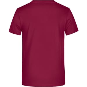 A maroon t-shirt with a crew neck and short sleeves, featuring a logo on the back.
