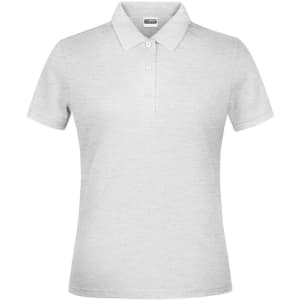 A light grey polo shirt with a collar and three buttons, featuring a logo on the left side.