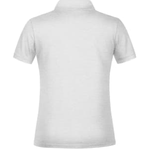 A white polo shirt featuring a short-sleeve design and a collar, with a logo on the back.
