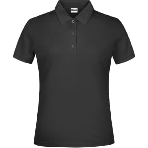 A black polo shirt with a collar and three buttons, featuring a logo. Ideal for casual wear.