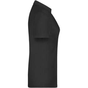 A black polo shirt for women featured from the side, with short sleeves and a classic collar. It has a logo on it.
