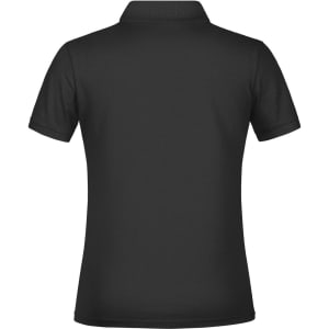 A black polo shirt with a classic collar, featuring short sleeves and a logo on the back.